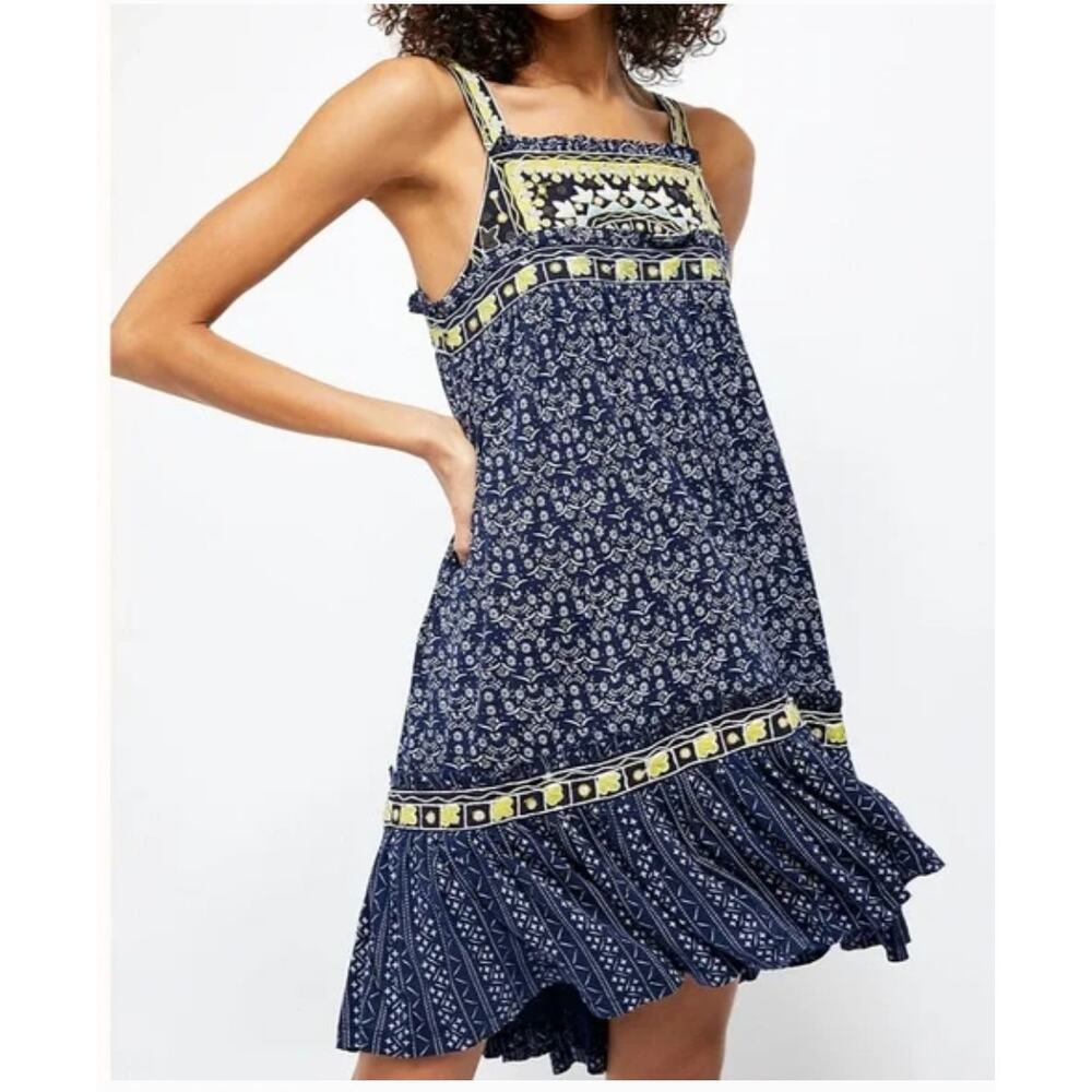 Free People Borderline Tank Mini Dress Medium Boho Embroidered Tunic Ruffle Hem - Picture 3 of 16